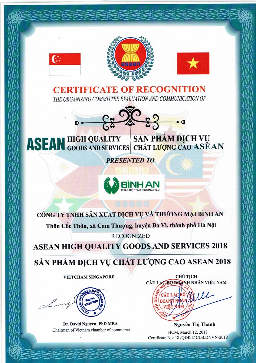 Giấy chứng nhân sản phẩm dịch vụ chất lượng cao ASEAN 2018